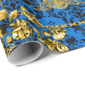 Black Blue Gold Floral Acanthus Leaf Chains Luxe Cadeaupapier (Rol Hoek)