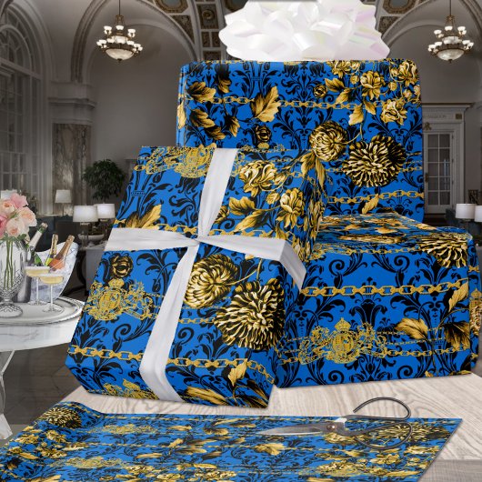 Black Blue Gold Floral Acanthus Leaf Chains Luxe Cadeaupapier