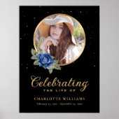 Black Blue Gold Floral Funeral Sign Poster (Voorkant)