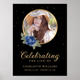 Black Blue Gold Floral Funeral Sign Poster