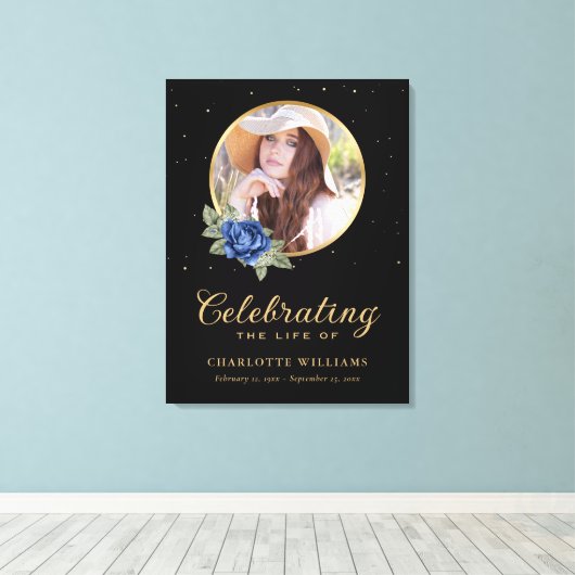 Black Blue Gold Floral Funeral Welcome Sign Canvas Afdruk (Insitu (Houten vloer))