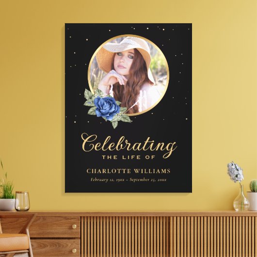 Black Blue Gold Floral Funeral Welcome Sign Canvas Afdruk (Insitu (Woonkamer))