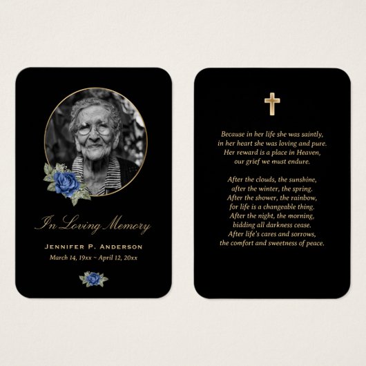 Black Blue Gold Floral Memorial Cards Visitekaartje (Voorkant /achterkant)
