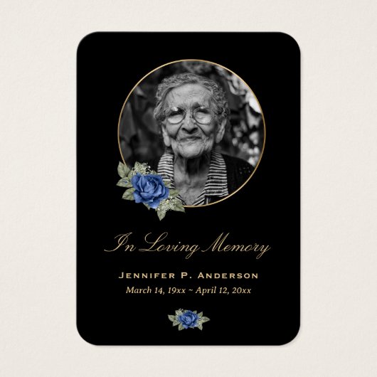 Black Blue Gold Floral Memorial Cards Visitekaartje (Voorkant)