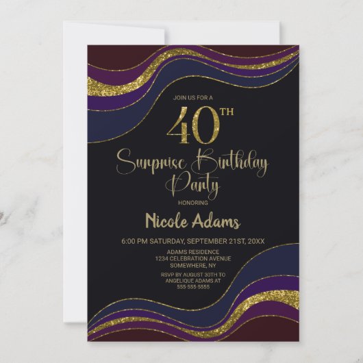 Black Blue Gold Glitter Surprise 40e verjaardag Kaart (Voorkant)