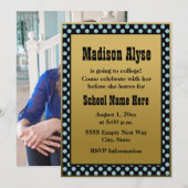 Black Blue Gold Polka Dot "Off to College" uitnodi Kaart (Voorkant / Achterkant)