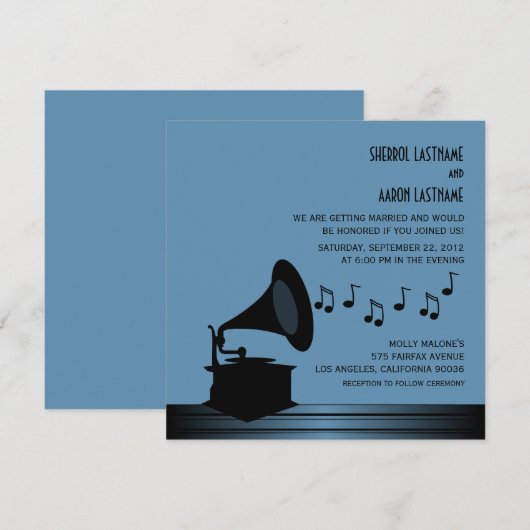 Black/Blue  Gramophone Wedding Invite2 Kaart (Voorkant / Achterkant)