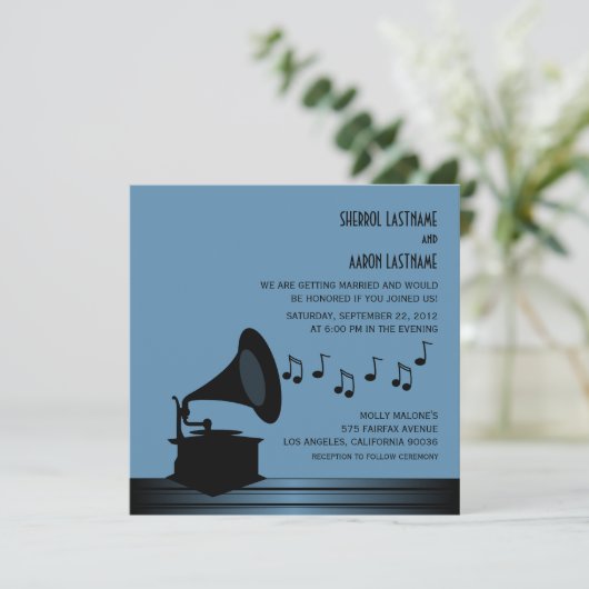 Black/Blue  Gramophone Wedding Invite2 Kaart (Staand voorkant)
