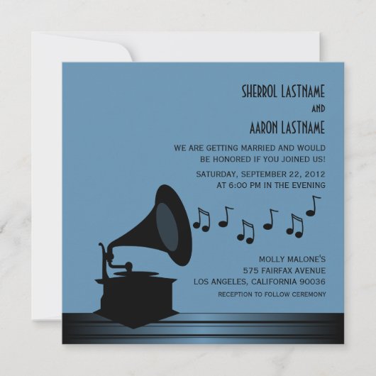 Black/Blue Gramophone Wedding Invite2 Kaart (Voorkant)