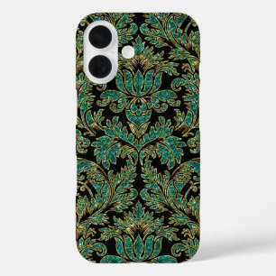 Black Blue-Green & Gold  Floral Damaskers iPhone 16 Hoesje
