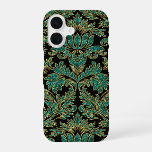 Black Blue-Green & Gold  Floral Damaskers iPhone 16 Hoesje
