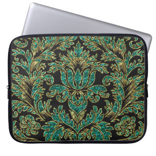 Black Blue-Green & Gold Floral Damaskers Laptop Sleeve
