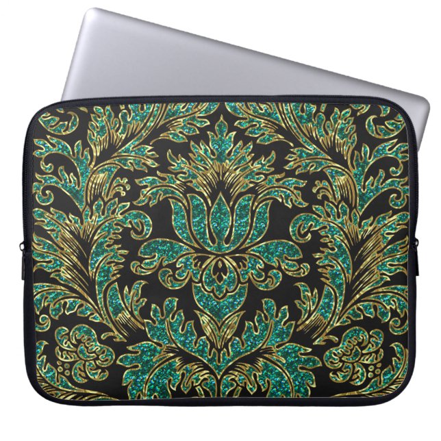Black Blue-Green & Gold  Floral Damaskers Laptop Sleeve (Voorkant)