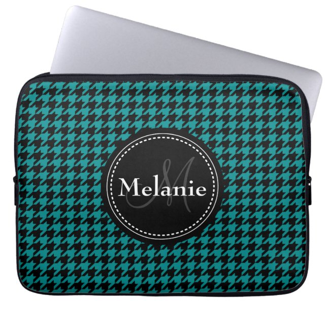 Black Blue Houndstooth Monogrammed Pattern Laptop Sleeve (Voorkant)