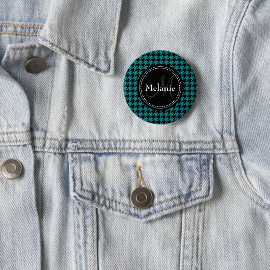 Black Blue Houndstooth Monogrammed Pattern Ronde Button 5,7 Cm (In situ)