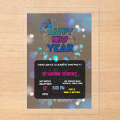 Black & Blue Midnight Sparkle Neon Glow New Year  Acryl Uitnodigingen (Voorkant)