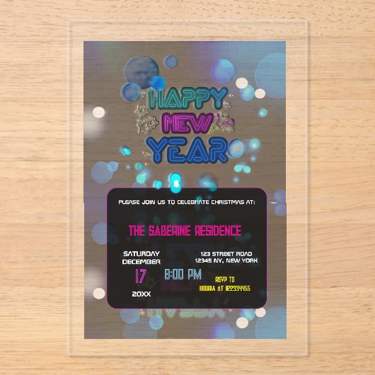 Black & Blue Midnight Sparkle Neon Glow New Year Acryl Uitnodigingen (Voorkant)