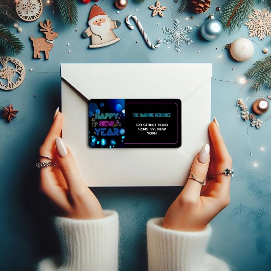 Black & Blue Midnight Sparkle Neon Glow New Year Etiket