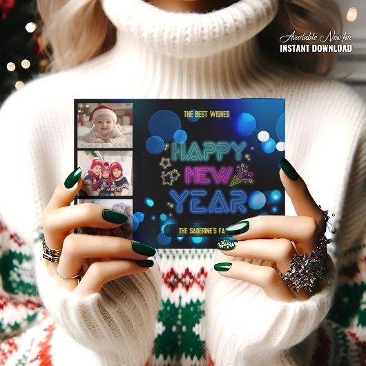 Black & Blue Midnight Sparkle Neon Glow New Year Kaart