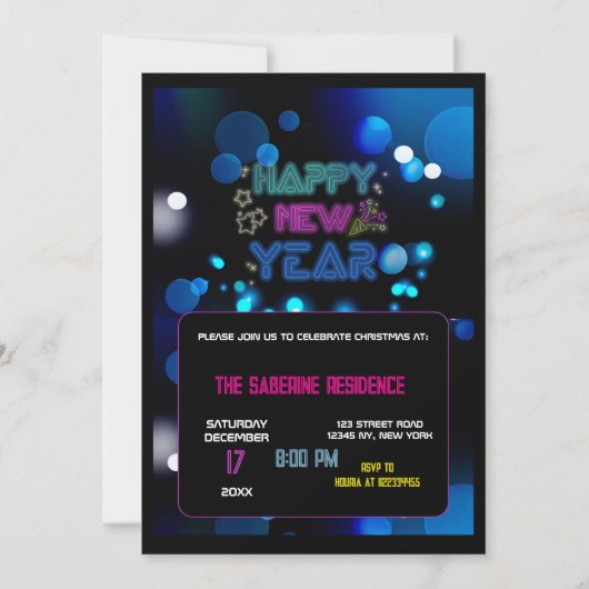 Black & Blue Midnight Sparkle Neon Glow New Year Kaart (Voorkant)