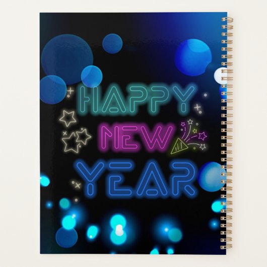 Black & Blue Midnight Sparkle Neon Glow New Year Planner (Achterkant)
