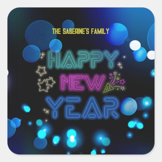 Black & Blue Midnight Sparkle Neon Glow New Year Vierkante Sticker (Voorkant)