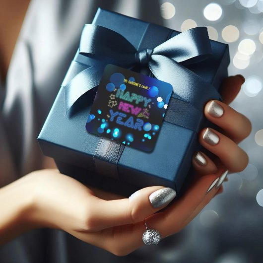 Black & Blue Midnight Sparkle Neon Glow New Year Vierkante Sticker