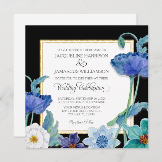 Black Blue n White Waterverf Floral Poppy Simple Kaart (Voorkant / Achterkant)