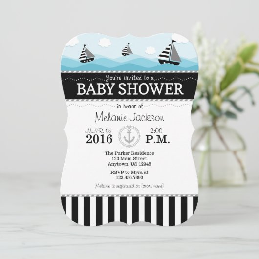 Black Blue Nautical Baby shower Invitation Kaart (Staand voorkant)