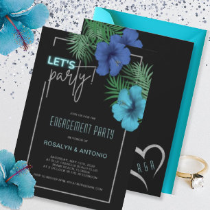 Black Blue Neon Tropical Engagement Party Kaart