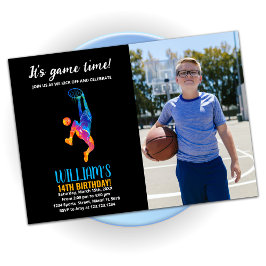 Black Blue Oranje Basketball Birthday met foto Kaart