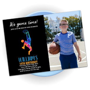 Black Blue Oranje Basketball Birthday met foto Kaart