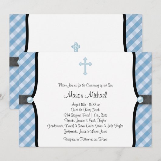 Black Blue Pearl Cross Blue Gingham doop Kaart (Voorkant / Achterkant)