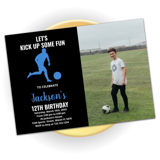 Black Blue Runing Soccer Birthday met foto Kaart