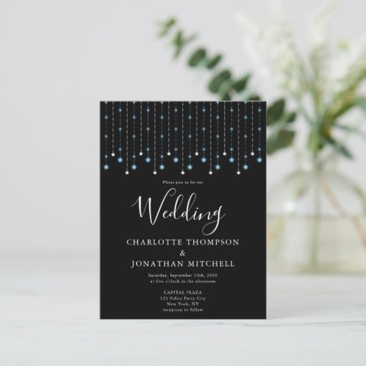 Black Blue Silver Stars String Lights Wedding Briefkaart (Staand voorkant)