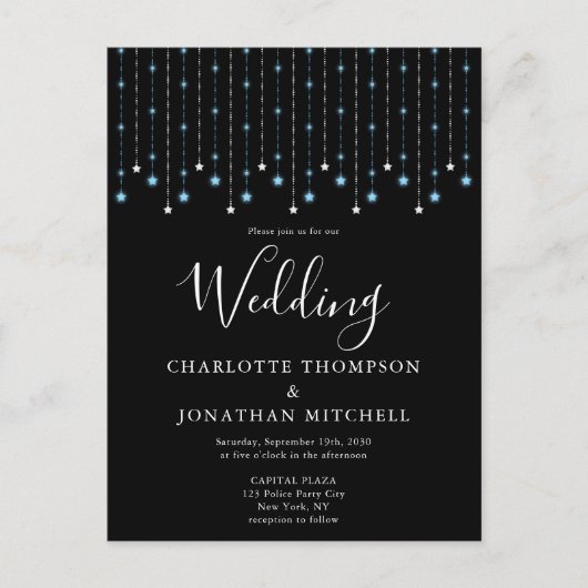 Black Blue Silver Stars String Lights Wedding Briefkaart (Voorkant)