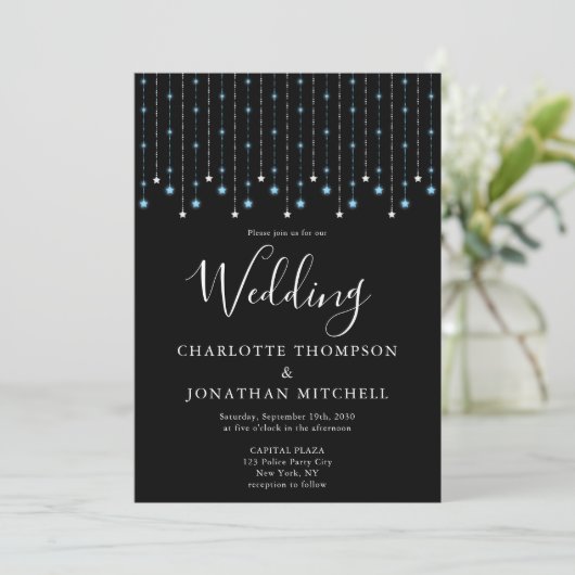 Black Blue Silver Stars String Lights Wedding Kaart (Staand voorkant)