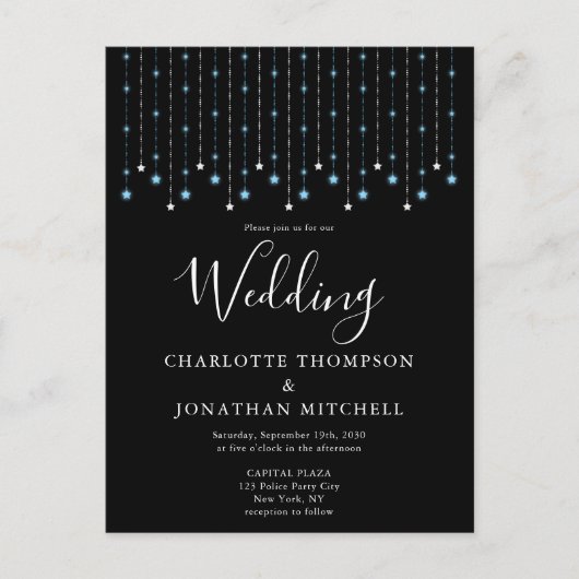 Black Blue Silver Stars String Lights Wedding Uitnodiging Briefkaart (Voorkant)