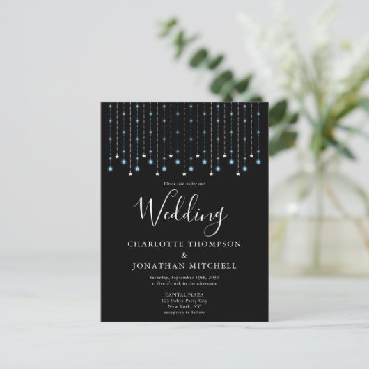 Black Blue Silver Stars String Lights Wedding Uitnodiging Briefkaart (Staand voorkant)