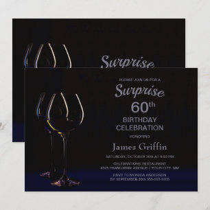 Black Blue Surprise 60th Birthday Wine Glass Party Kaart