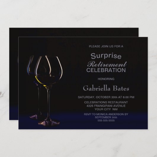 Black Blue Surprise Retirement Wine Glass Party Kaart (Voorkant / Achterkant)