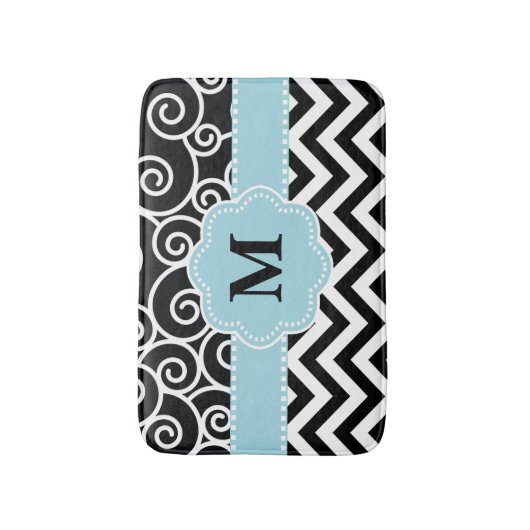 Black Blue Swirl Chevron Monogram Bathmat Badmat (Voorkant Verticaal)