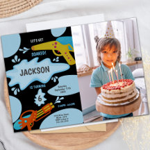 Black Blue Water Pistool Invitaties met foto