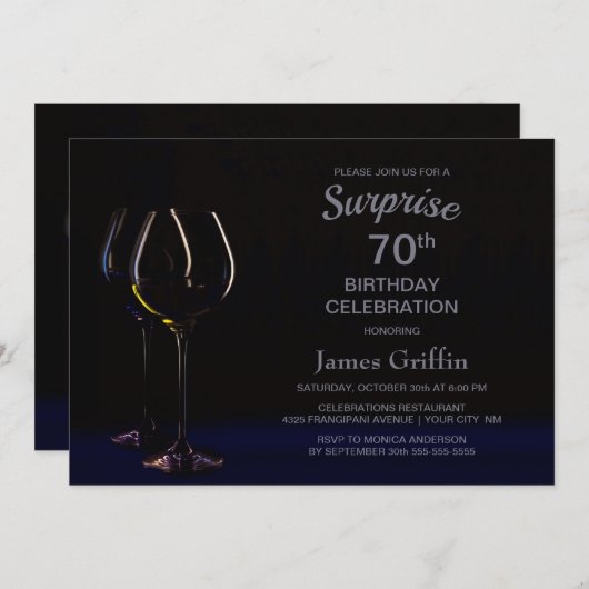 Black Blue Wine Champagne Surprise 70th Birthday Kaart (Voorkant / Achterkant)