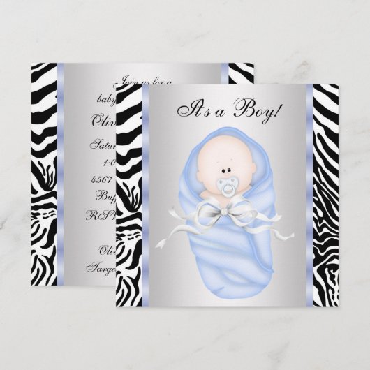 Black Blue Zebra Baby Boy Shower Uitnodigingen (Voorkant / Achterkant)