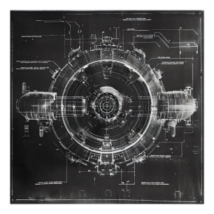 Black Blueprint Sci-Fi ruimtestation Foto Afdruk