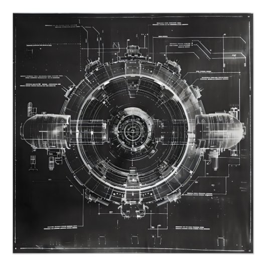 Black Blueprint Sci-Fi ruimtestation Foto Afdruk (Voorkant)