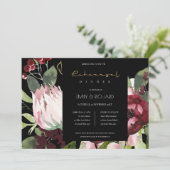 BLACK BLUSH BURGUNDY PROTEA FLORA REHEARSAL DINNER KAART (Staand voorkant)