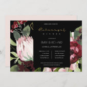 BLACK BLUSH BURGUNDY PROTEA FLORA REHEARSAL DINNER KAART (Voorkant / Achterkant)