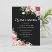 Black Blush & Burgundy Quinceanera Party Invite Kaart (Staand voorkant)